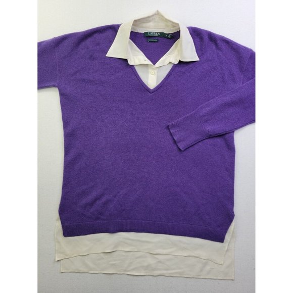 LRL Ralph Lauren Women Cashmere Sweater Silk Built In Shirt Purple Mock Layer - Picture 1 of 11